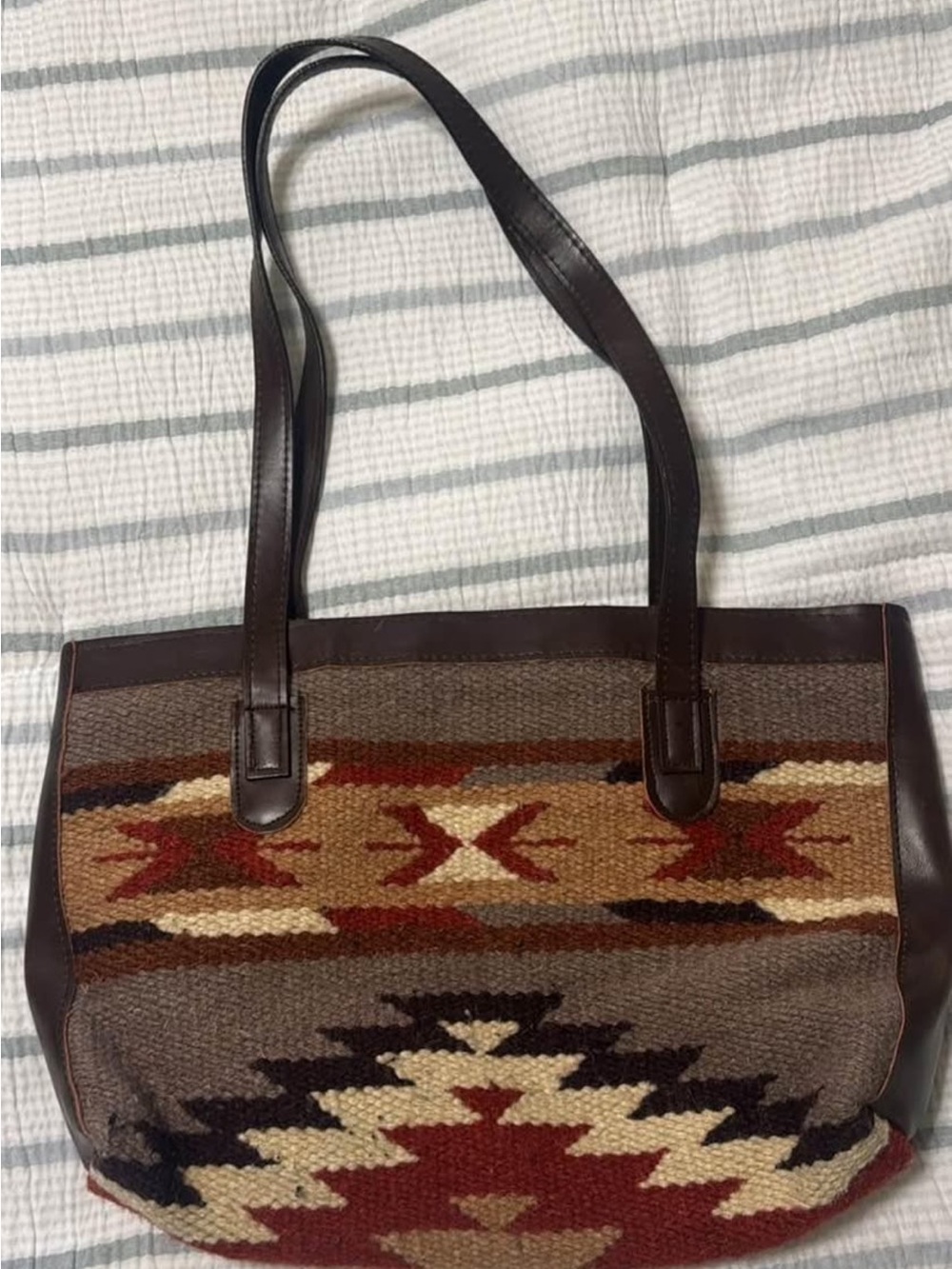 Brown Southwestern Pattern Tote Bag with Leather Straps